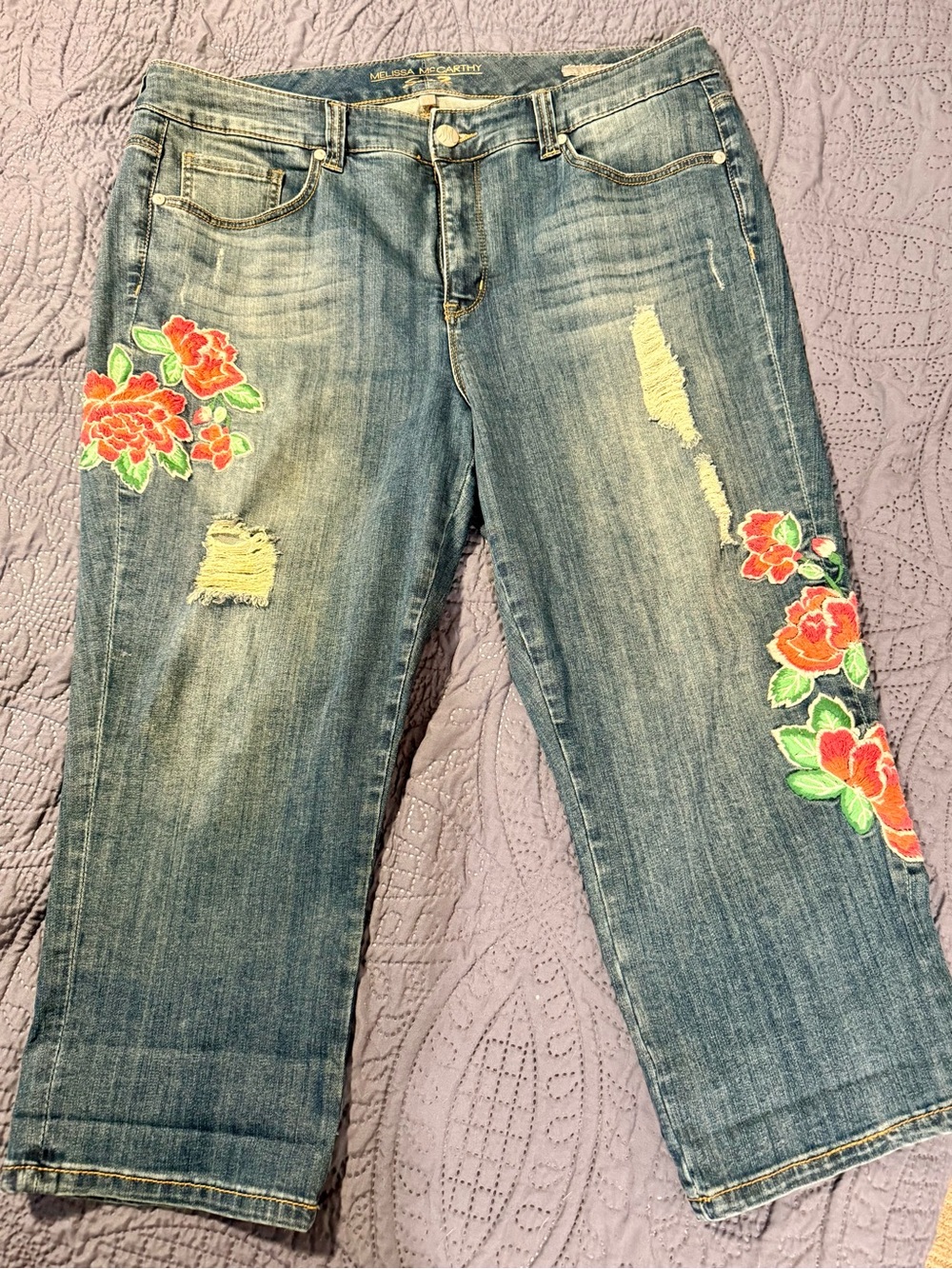 Melissa McCarthy x Seven 7 Distressed and Floral Embroidered Cropped Jeans 18W